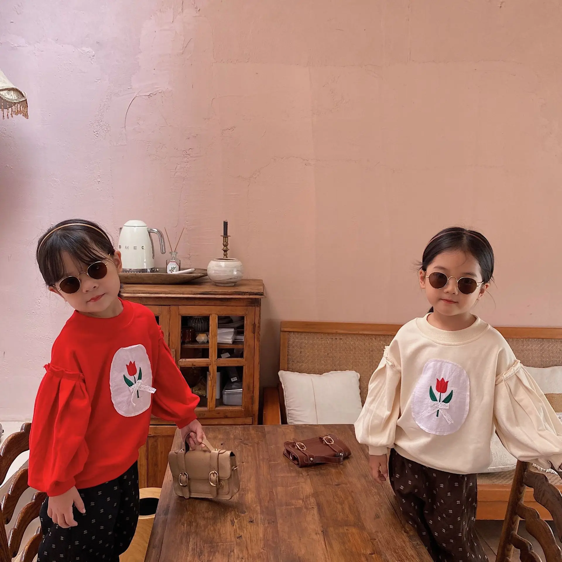 

Girls Puff Sleeve Flower Embroidered Long Sleeve Sweatshirt Autumn New Loose Top Baby Boys Clothes