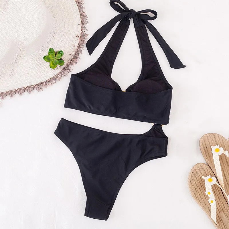 

Black One Piece Swimsuits Women Push Up Swimwear Cut Out Monokini Sexy High Cut Bodysuits Bandage Halter Bathers 2021 New