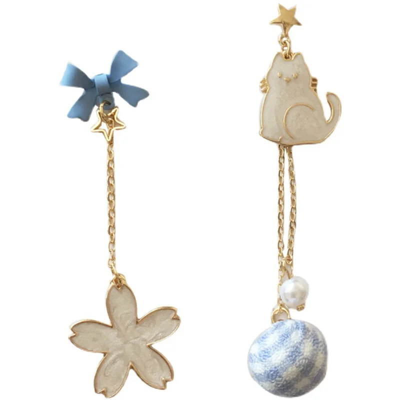 

CH-828 S925 silver needle girl small fresh flower bow earrings cute kitten asymmetric long earrings