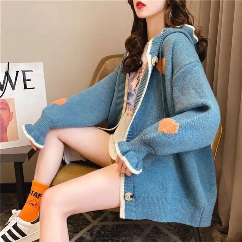 

Autumn and Winter New Sweater Coat Women's Long-sleeved Sweater Loose Korean Style Lazy Hong Kong Flavor Hooded Knitted Cardigan
