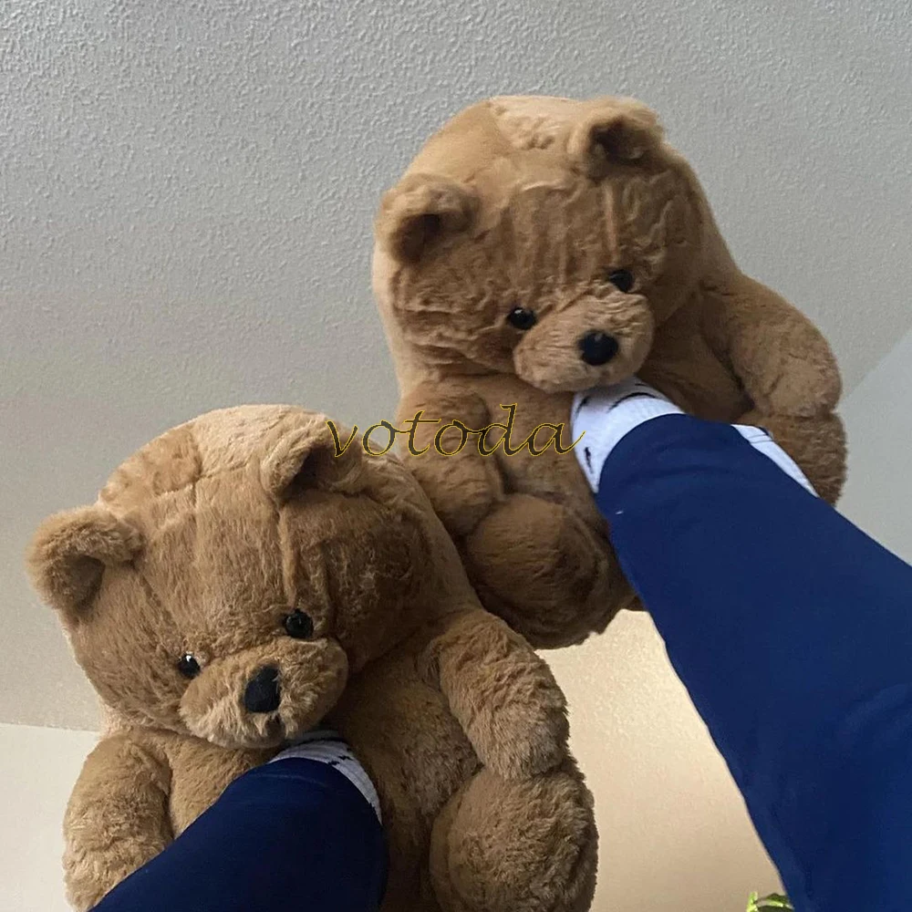 Teddy Bear Slippers Women Cute Cartoon Slides Furry Warm Soft Shoes Home Non-slip Cotton Flip Flops Rainbow Teddies Bear Slipper best house slippers