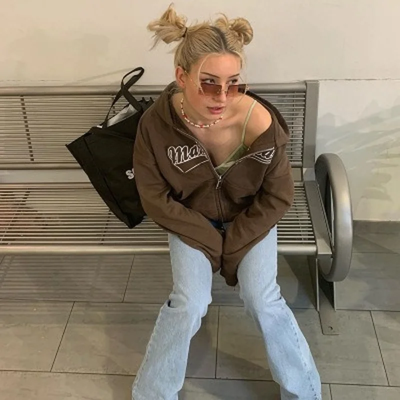 

WeiYao Y2K Indie Aesthetics Oversized Zip Up Brown Hoodies 90s Retro Streetwear Letter Print Long Sleeve Hooded Sweats Vintage