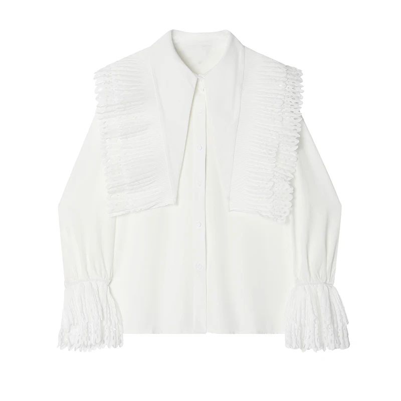 

Женская кружевная блузка с длинным рукавом, белая блузка с длинными рукавами и большим острым воротником