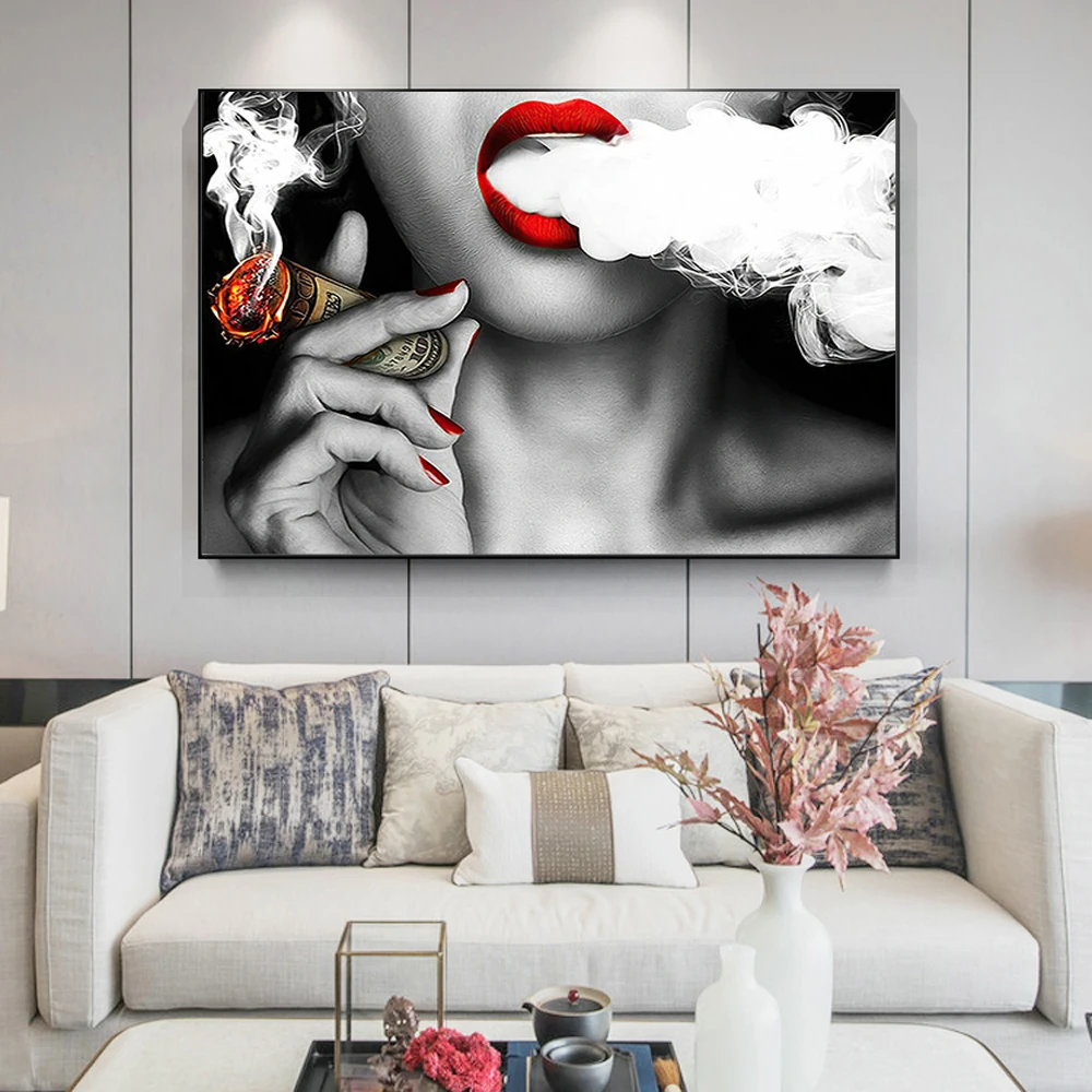 

Sexy Woman with Red Lips Smoking Canvas Painting Creative Pop Wall Art Poster Living Room Home Decoration Mural(No Frame)