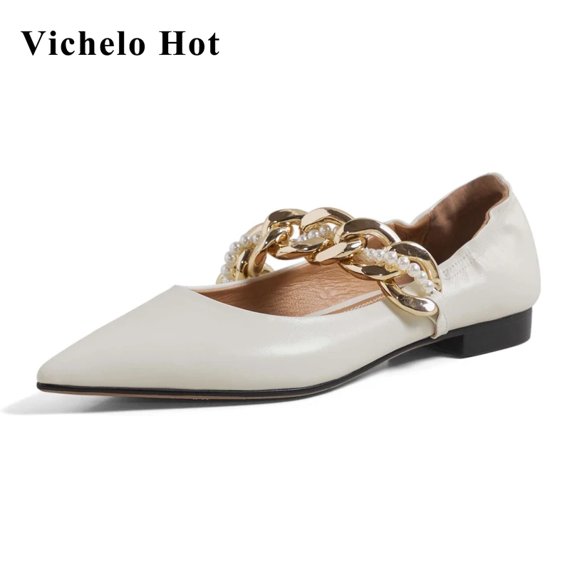 

Женские туфли-лодочки Vichelo, из натуральной кожи, с острым носком, на низком каблуке, с цепочкой, украшение в Корейском стиле, для свиданий, L62