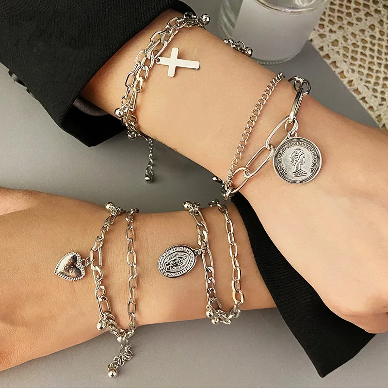 

Rinhoo Punk Gold Multilayer Chain Bracelet Retro Vintage Silver Color Heart Cross Coin Jesus Pendant Chain Bracelet Gift Jewelry