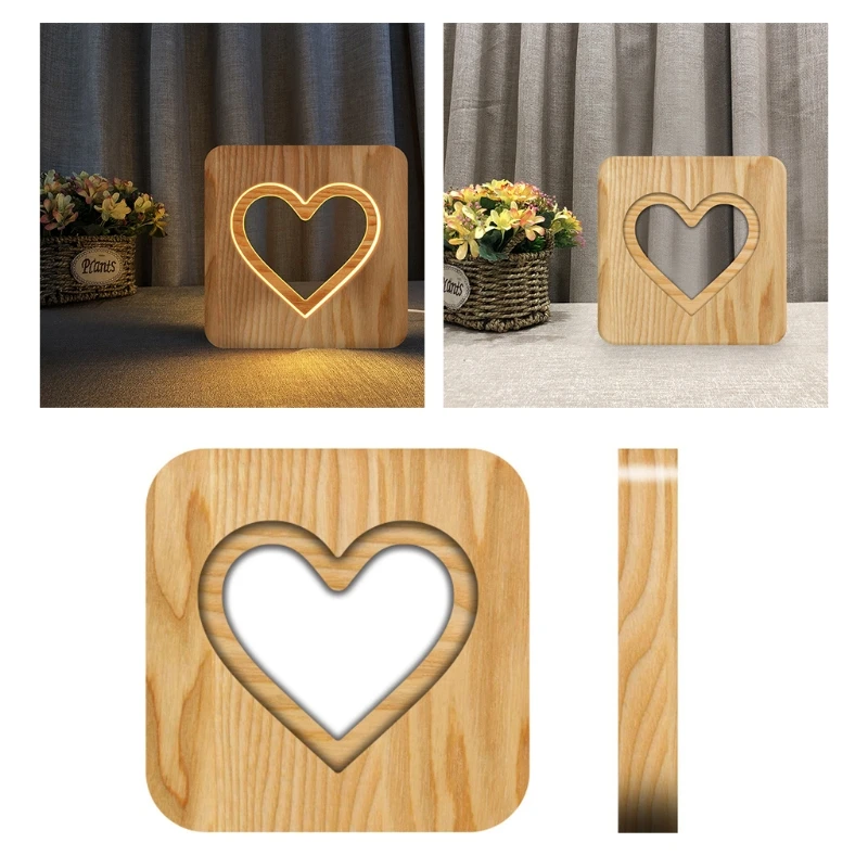 

LED Bedside Lights Wood Night Light Bedroom Table Lamps Carving Lamps Gifts for Girlfriend USB Powered Warm White Lights