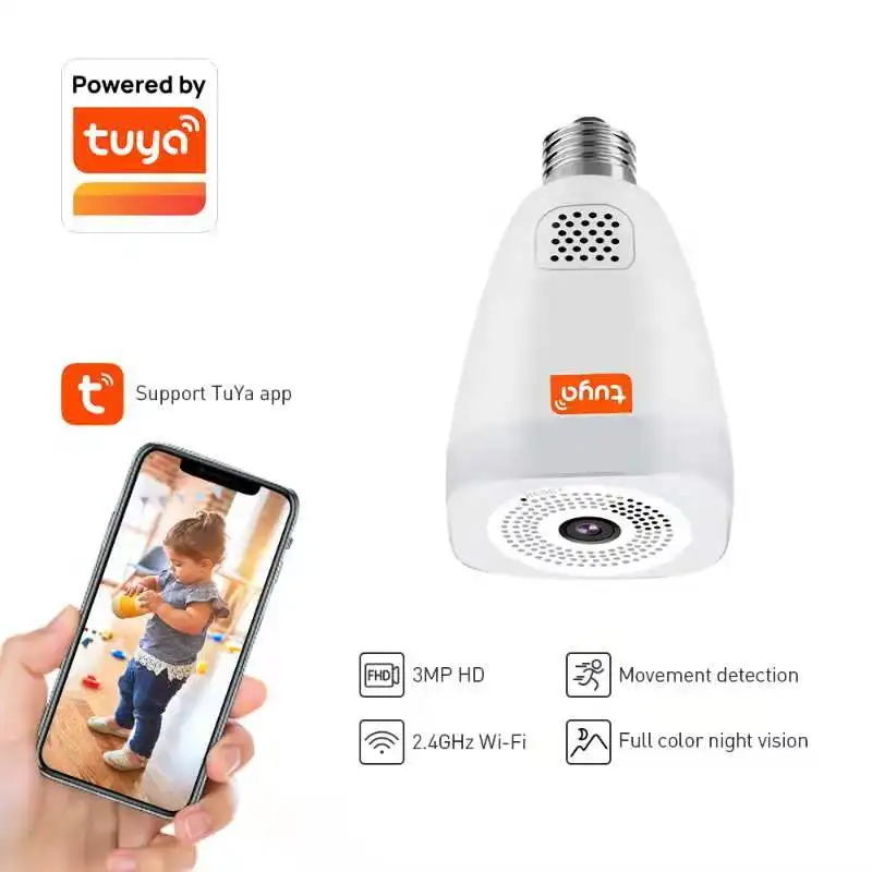 Camnsmart Wifi Smart Ip Camera HD Ptz 360 Tuya Panaramic Внутренняя беспроводная лампа E27 Цвет ночного