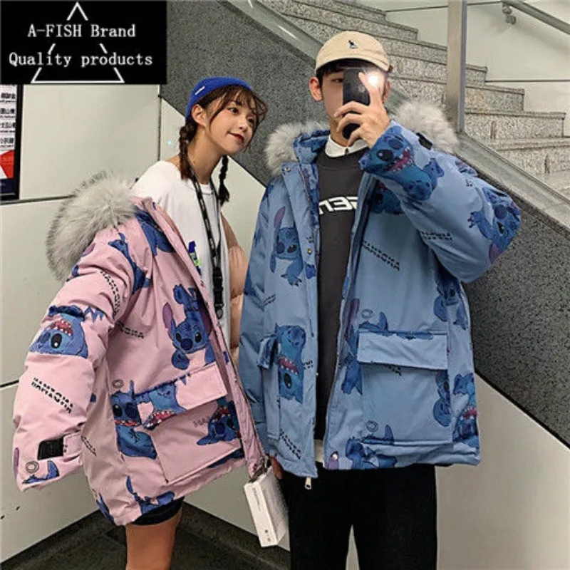 

Autumn and Winter New Warm Couple Clothes Tide Cotton Coat Jacket Printing Big Fur Collar Thick Coat Korean Version Coat Women