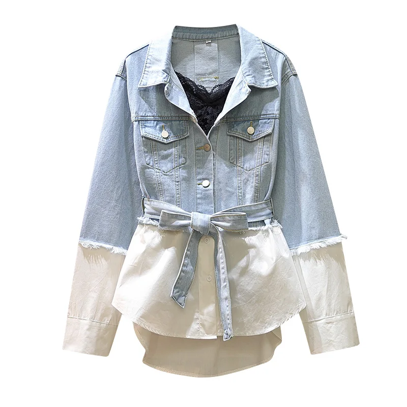 

COIGARSAM 4XL Plus Size Fashion Womens tops New Strapless Women shirts Denim Shirt With Cowboy Coat Without 9220