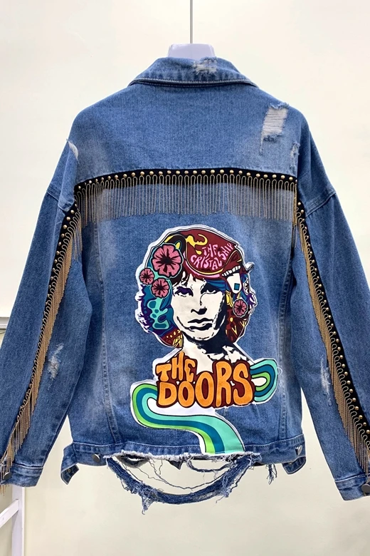 

Europe 2020 autumn and winter wild fashion heavy industry beaded tassel patch cloth hole denim long-sleeved jacket female