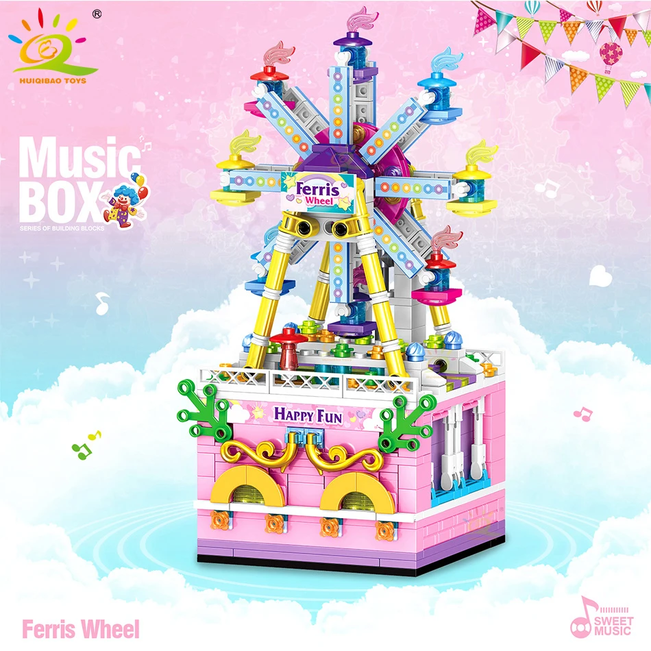 

HUIQIBAO 529Pcs Amusement Park Music Musical Box Building Blocks City Ferris Wheel Creativity Figures Bricks Toys Children Gifts