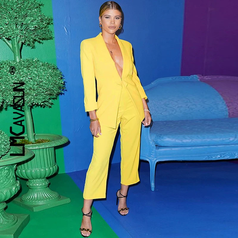 LMCAVASUN модный офисный Женский блейзер с v-образным вырезом на осень и зиму, женский брючный костюм с длинным рукавом, однотонный тонкий элегантный костюм