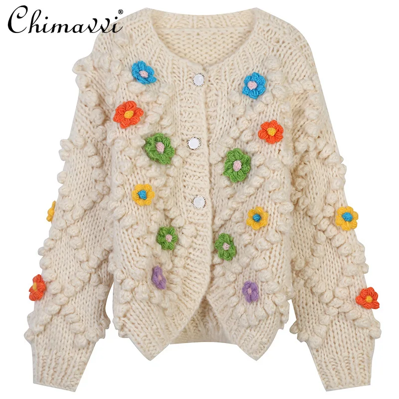 

Flower Embroidery Thick Cardigan 2021 Autumn Winter Thickened Loose Knitted Sweater Coat Female Korean Fashion Knit Jakcet