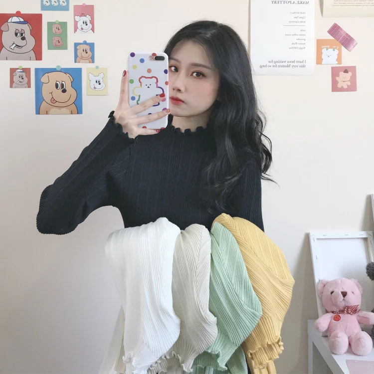 

Autumn slim bottoming long-sleeved wooden ear knit half-high neck T-shirt