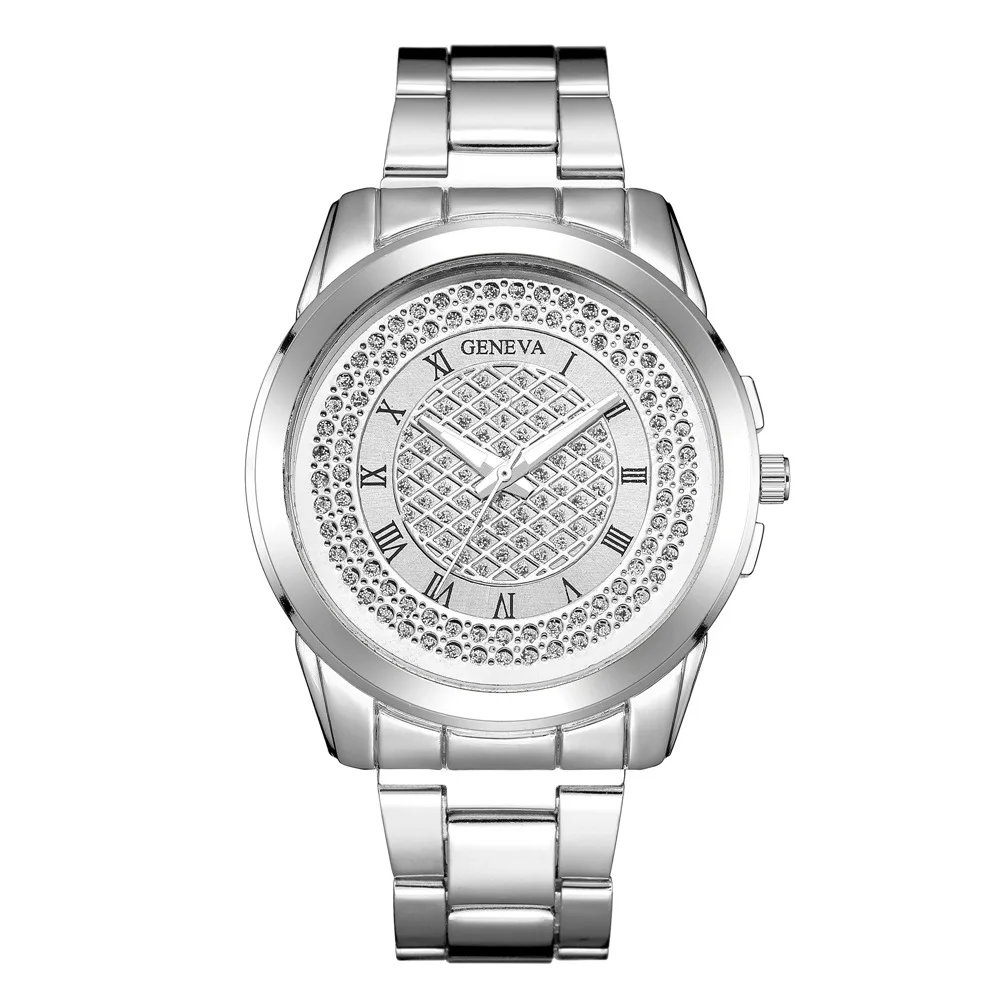 

Rhinestones Alloy Men Watches Steel Strap Luxury Business GENEVA Brand Gold Wristwatches Fashion Quartz Men's Clock reloj hombre