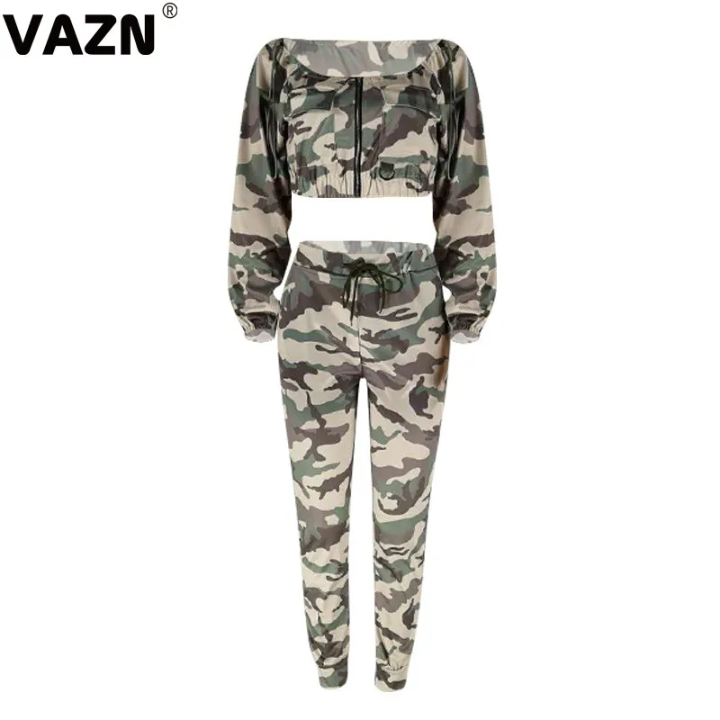 VAZN YZ917, осенний комплект с камуфляжным принтом, сексуальный,, топ с длинными рукавами, длинные широкие штаны, комплект из 2 предметов, комплекты ночного клуба, молодой ветер