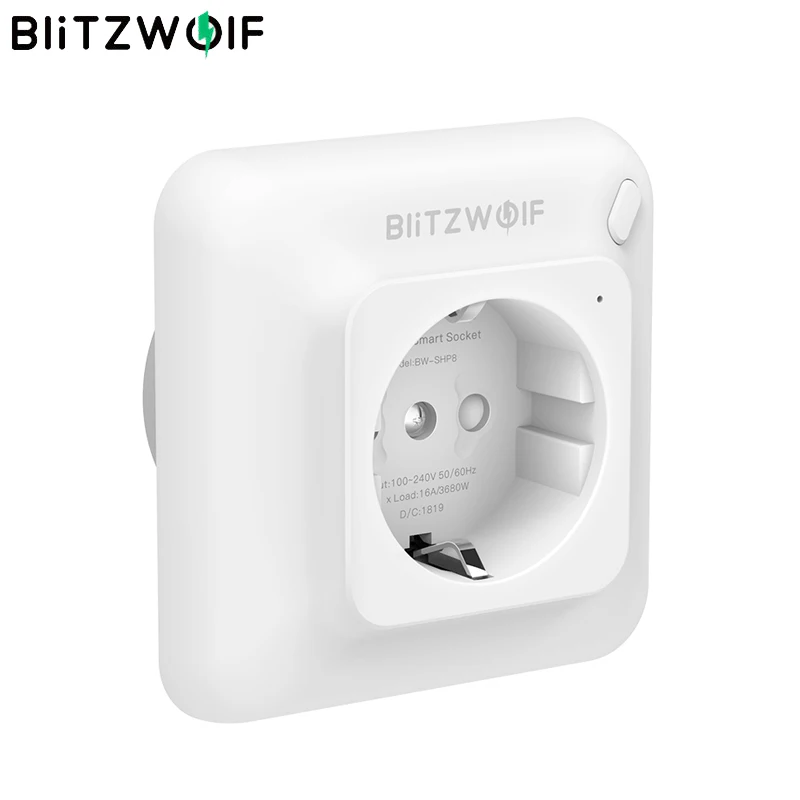 BlitzWolf BW-SHP8, 3680 Вт, 16А, смарт, Wi-Fi, настенная розетка, вилка европейского стандарта, таймер, пульт дистанционного управления, монитор питания, работает с Alexa Google Assistant