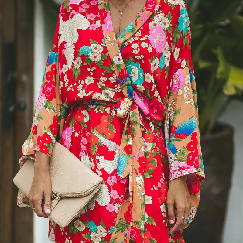 Женское кимоно с цветочной шалью повседневный Свободный кардиган в богемном