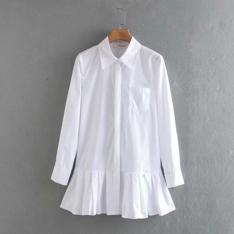 

Autumn Long Sleeve White Pleated Shirt Dress 2020 Women Casual Turn Down Collar Mini Dress Shirt Button Lady Office Vestidos