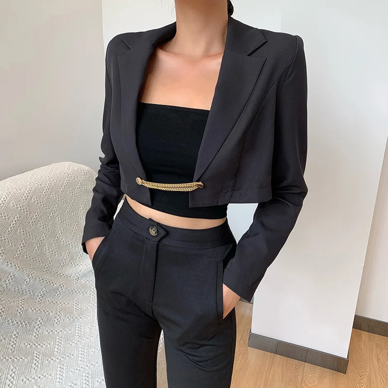 

Women Punk Blazer Casual Metal Chain Black Suit Vintage Autumn Long Sleeve Jacket Korean Fashion Streetwear Cropped Tops OL Wear