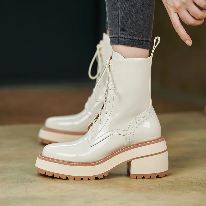 

Leather Genuine British Style Martin Women's Shoes New Winter High Heels Thick Heel Height Increasing Short Boots