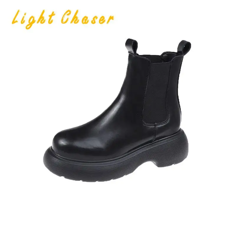 2021 New Chunky Boots Fashion Platform Women Ankle Female Sole Pouch Ankle Botas Mujer Round Toe Slip-on Botas Altas Mujer