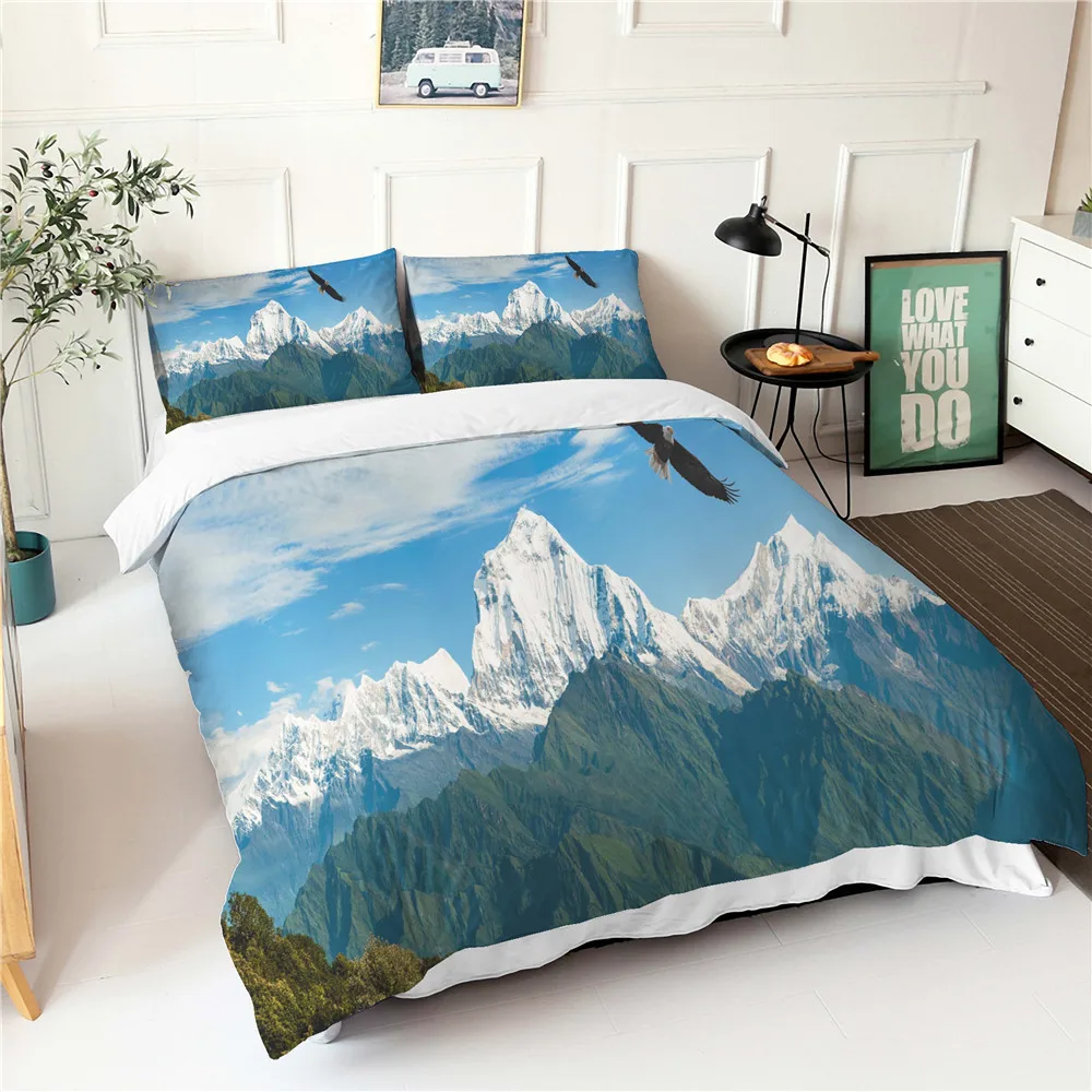 

Fabic Duvet Cover 3d Print Mountain Scenery Pattern Double Bed Sheets With Pillowcases Warm Soft Comforter Bedding Set