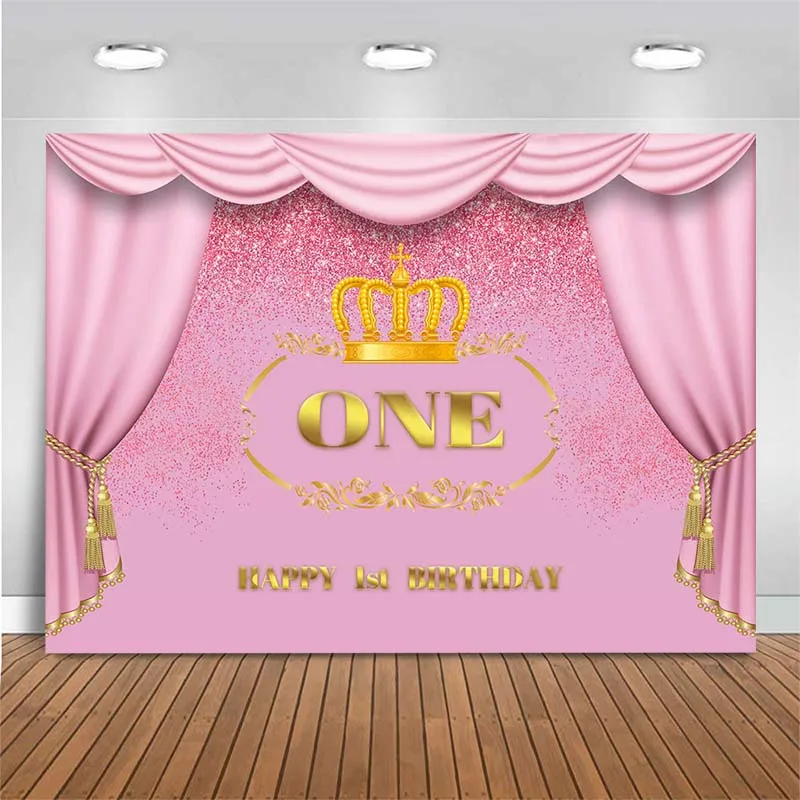 

Happy 1st Birthday Backdrop Newborn Baby Pink Glitter Birthday Photography Backdrop Crown Decor Photo Background Photo Studio