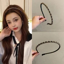 2021 New Korean Solid PU chain Bezel Headwear for Women Headband Girls Hair Bands Vintage Hairband Hoop for Hair Accessories