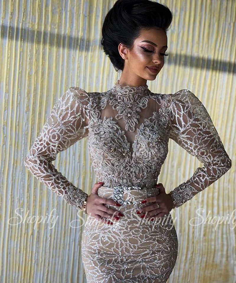 

Sexy High Neck Sheer Long Sleeve Glitter Silver Sequin Formal Gowns Mermaid Style Arabic Dubai Women Evening Dresses 2020