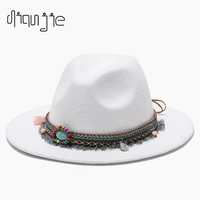 2021new fashion trend women ladies wool felt fedora hat shark fin wide brim wool panama casual formal party white and pink