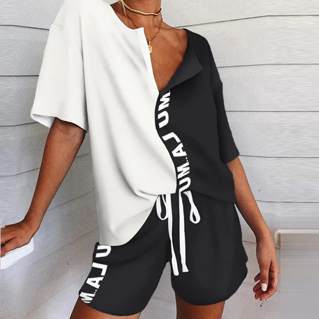 

Summer Fashion Women's Pajamas V-Neck Short Sleeve women's top Tracksuit Print Splicing Sleepwear 2 piece sets womens outfits