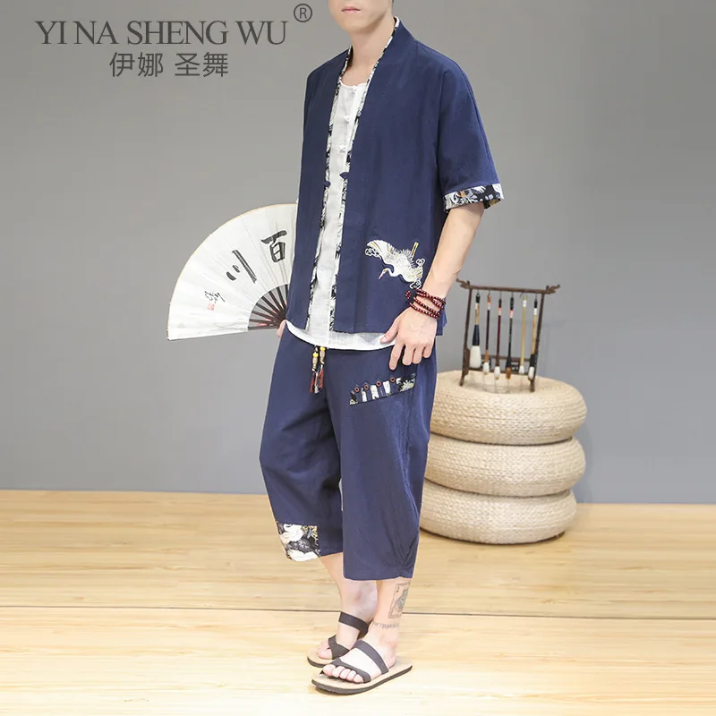 Japanese Style Kimono Suit Traditional Embroidery Men Clothing Jacket Male Pants Samurai Costume | Тематическая одежда и