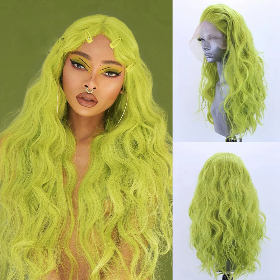 Синтетический парик "Глубокая волна" желто-зелено-черный с кружевным передом, стойкий к теплу, для женщин на Лолита/блондинку косплей ОЛЕЙ.