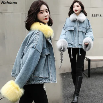 Джинсовые лоскутные шерстяные плюшевые милые пальто с отложным воротником и