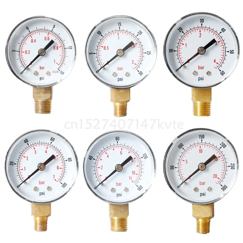 

Pressure Gauge 52mm 1/4" BSPT Vertical 15,30,60,100,150,300 PSI & Bar Bottom Mount