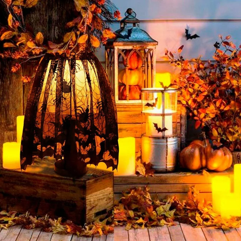 Halloween Black Lace Bat Spiderweb Lamp Shade Topper Curtains Swag Haunted House Decor | Дом и сад