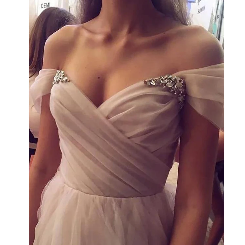 

Elegant Off-Shoulder Evening Dresses Long Luxury 2021 Tulle A-Line Gorgeous V-Neck Backless Drop Sleeve Ball Gown robe de soire