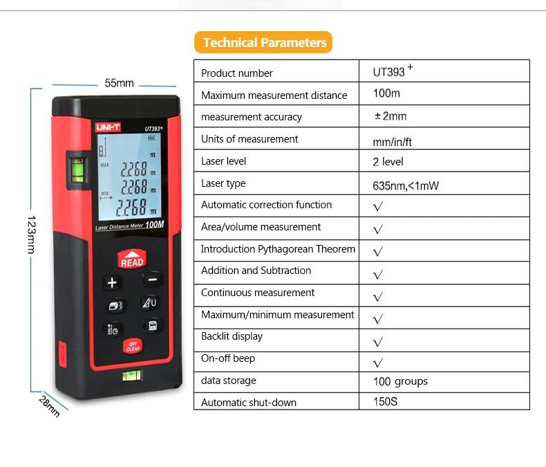 UNI-T лазерный дальномер 40 м 100 м цифровой дальномер UT390B+ UT393+ Электронная трена Лазерная Лента с измерением уровня линейка тест