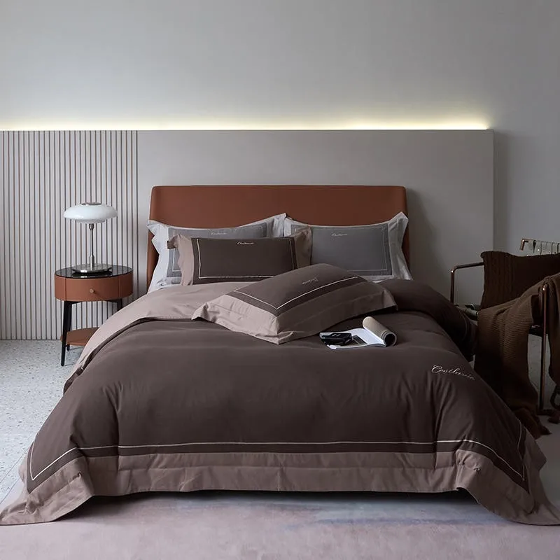 

4Pcs Duvet Cover Set Queen King Soft Brushed Cotton Patchwork Coffee Grey Patchwork Vintage Bedding Set 1 BedSheet 2Pillowcases