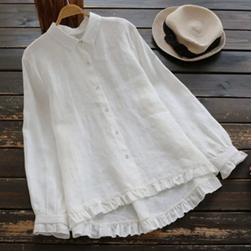 

Button Up Shirt Women 2021 Spring Turn Down Collar Long Sleeve Blouse Vintage Retro Solid Collar Ruffles Cotton Tops Mujer
