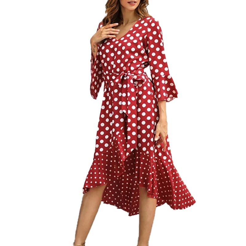 

Dot Print Flare Sleeve Irregular Ruffles Dress Summer Party Lady Clothing V-neck Lace-up Tunic Three Quarter Sleeve Swing Dress