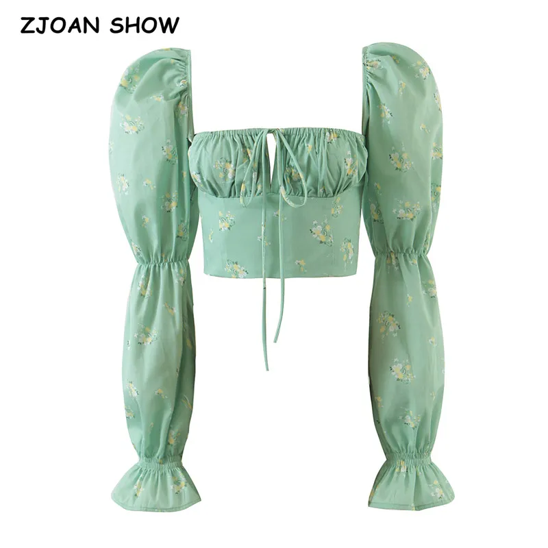 

2021 Retro Green Small Flower Cropped Shirt Women Ruched Lace up Square Collar Pullover Long Puff Sleeve Blouse High Waist Tops