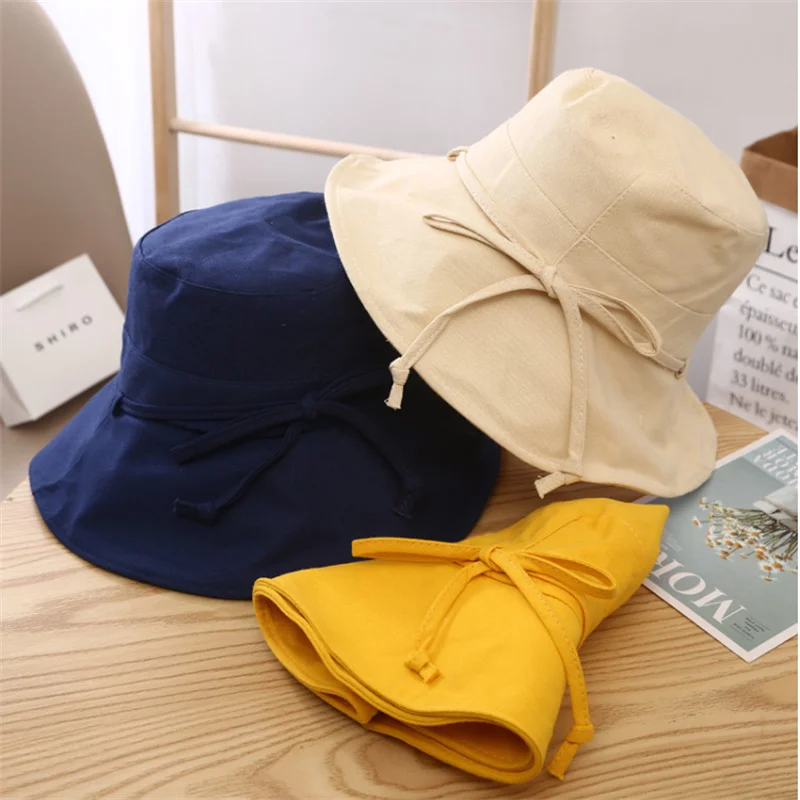 

2022 Summer Beach Hat Women's Solid Color Sun Cap Foldable Cotton Fisherman Hats Ladies Outdoor Travel Leisure Hat Big Brim Caps
