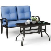 patiojoy 2pc patio loveseat coffee table furniture set bench w cushions blue hw51784tu