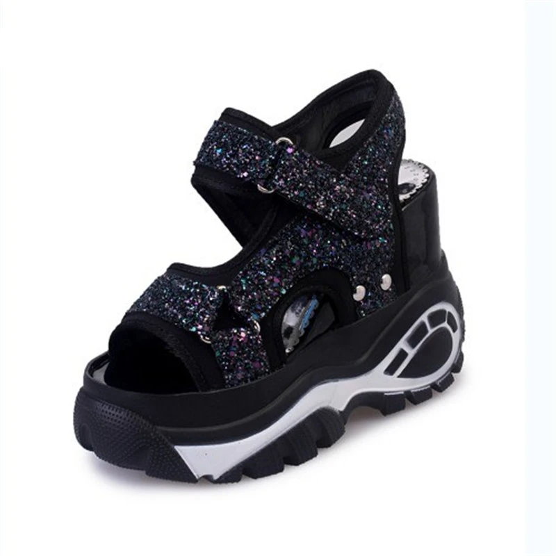 Женские летние новые кроссовки с открытым носком украшенные блестками в