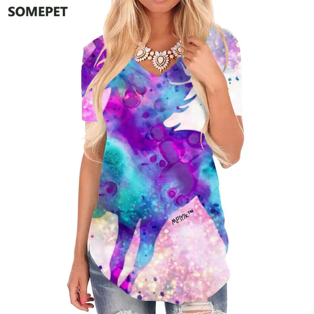 

SOMEPET Unicorn T Shirt Women Animal Shirt Print Rainbow Funny T shirts Nebula V-neck Tshirt Womens Clothing Summer Printed