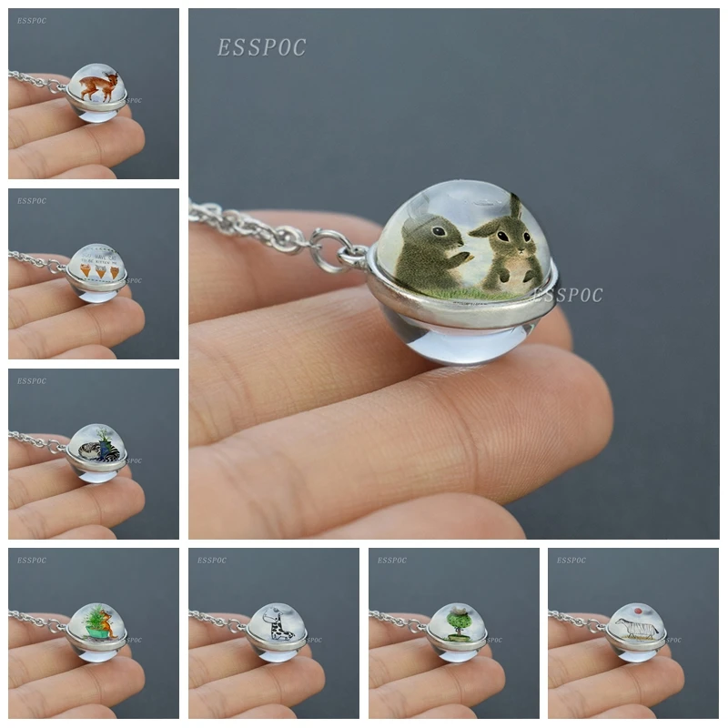 

Cute Animals Double Sided Glass Ball Pendant Rabbit Cat Deer Cow Bird Horse Parrot Necklace For Women Friends Students Gifts