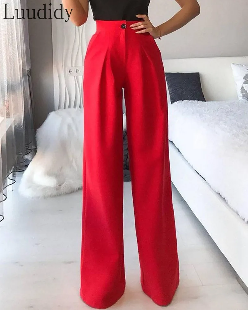 

Women Red Single Button High Waist Wide Leg Pants